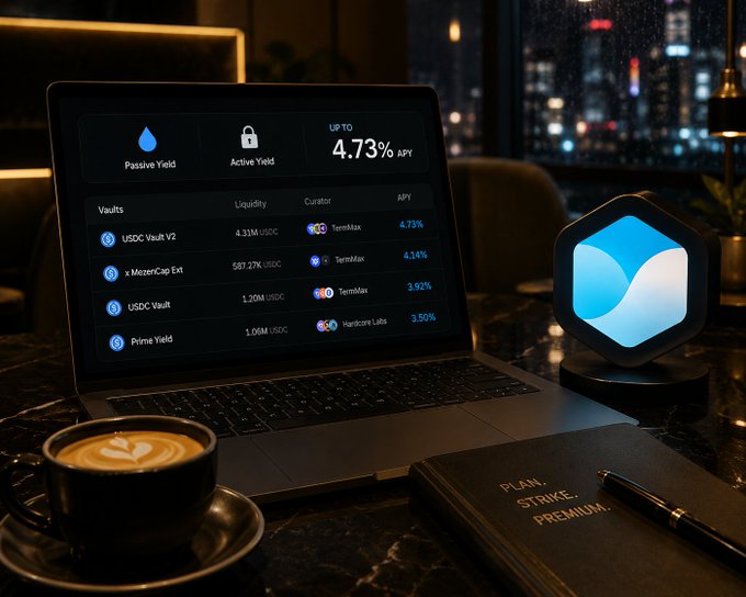 A laptop displaying a cryptocurrency yield dashboard showing '4.73% APY' and various vaults like 'USDC Vault V2' and 'Prime Yield', next to a coffee cup, a notebook labeled 'PLAN. STRIKE. PREMIUM.', and a glowing hexagonal device.