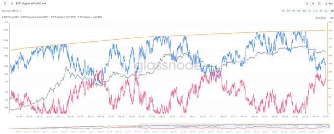 A scatter plot shows two lines moving up and down against each other. The x-axis is labeled "Time" while the y-axis is marked with different color codes showing changes over time. One line has red bars, while the other one has blue ones. A caption reads: "As is tradition with all past Bitcoin bear market bottom builds, more coins have finally reached into a loss than in a profit."