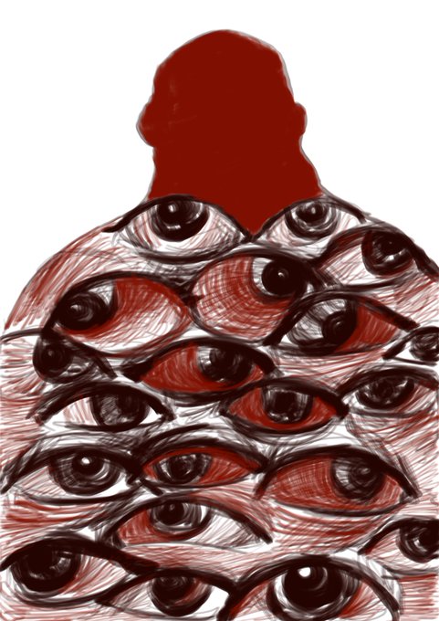 A dark surrealist illustration depicting a figure with a solid red headless silhouette atop a body composed entirely of numerous red, watchful eyes.