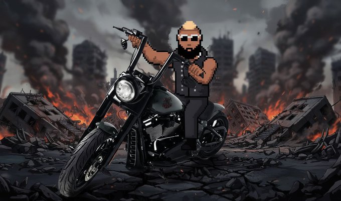 A pixel-art style illustration of a bearded man with sunglasses sitting on a Harley-Davidson motorcycle amid a fiery, post-apocalyptic ruined cityscape.