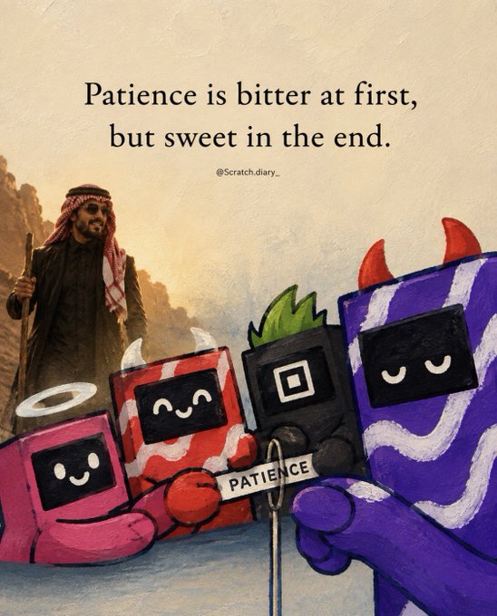 An illustration featuring a man in traditional Middle Eastern attire holding a rifle in the background, while cartoon box-like characters hold a sign labeled 'PATIENCE' in the foreground, under the quote 'Patience is bitter at first, but sweet in the end.'