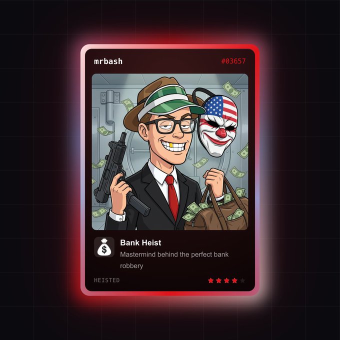 A stylized trading card labeled "mrbash #03657" titled "Bank Heist" depicts a grinning man in a suit, green visor, and American-flag clown mask holding a gun and a money bag amid falling cash, tied to the @Heistedxyz Solana heist simulator promotion offering scarce registration codes like "RNLRMF," "99NA5A," "B18SKF," "GVXP7E," and "UPLQON."
