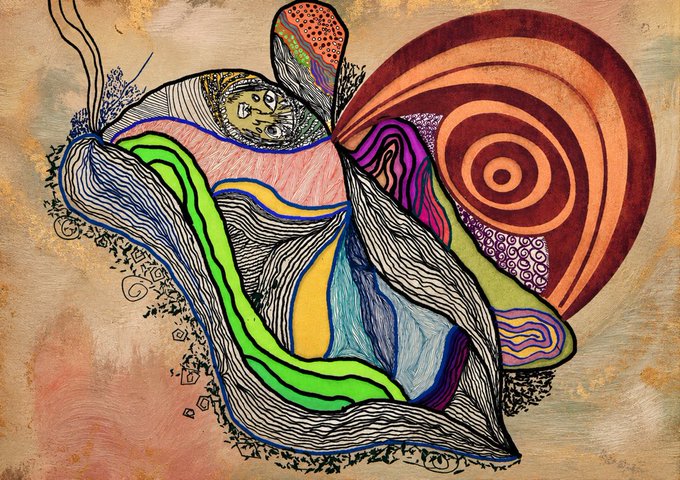 An abstract, colorful painting featuring swirling shapes, a face, and varied textures including wavy lines and concentric circles on a tan background.