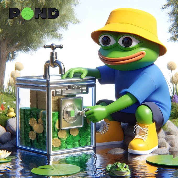 A 3D-rendered cartoon frog character wearing a yellow bucket hat, blue shirt, and yellow boots crouches by a pond, opening a metallic safe filled with stacks of gold and green coins, with a 'POND' logo visible in the upper left.