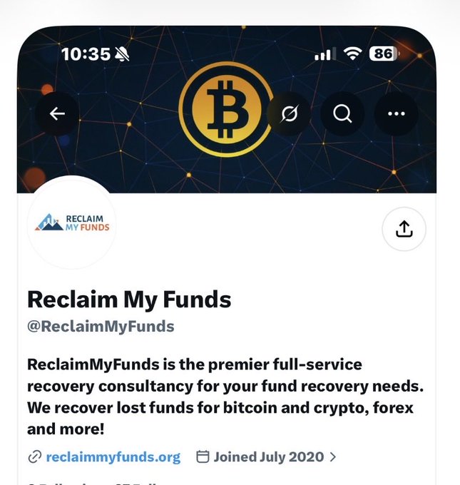 A mobile screenshot of a Bitcoin-themed Twitter/X profile for 'Reclaim My Funds' (@ReclaimMyFunds), claiming to be a recovery consultancy for lost bitcoin, crypto, and forex funds, joined July 2020.