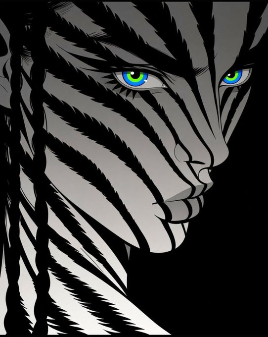 A stylized grayscale illustration of a tiger's face with striking blue and green eyes and black stripes against a dark background.