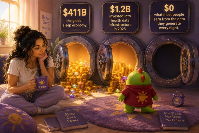 A whimsical illustration showing a woman holding a 'SLEEP' mug next to a small green dragon-like creature, with signs displaying '$411B the global sleep economy', '$1.2B invested into health data infrastructure in 2025', and '$0 what most people earn from the data they generate every night.'