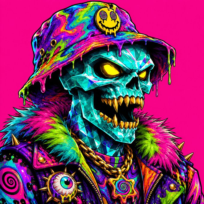 A vibrant, neon-colored digital illustration of a cyan skull with glowing yellow eyes wearing a paint-dripped bucket hat with a smiley face patch, surrounded by fluffy pink and green fur and gold chains against a hot pink background.