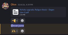 The image shows a screenshot of a message posted by someone named "Everyone" on a social media platform, with a smiley face next to it. The message reads: "ohm raduis thesis - digen". The caption also includes an attachment labeled "Kahaku upgrade, Raig gun thesis - 2.34 MB". This attachment is likely related to the post about cooking and the message's content.