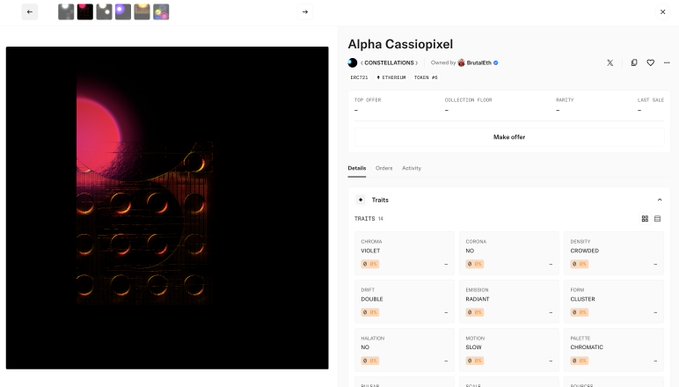 A screenshot of an OpenSea NFT listing for "Alpha Cassiopixel" shows a pixel-art style image with a red sun behind a grid of circular speakers, priced at 0.35 ETH (ERC721) with traits including Violet Chrome, No Corona, and Crowded Density.