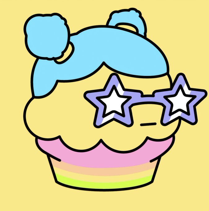 A cute cartoon illustration of a cupcake with pink and green frosting, blue bangs, blue puffy hair buns, and purple star-shaped sunglasses against a yellow background.