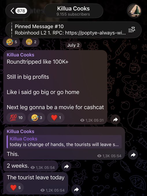 Telegram chat from "Killua Cooks" (9,155 subscribers) celebrating a successful 100K+ roundtrip trade "still in big profits," with pinned Robinhood L2 RPC info and repeated messages about tourists leaving the market—aligning with the "2 months difference, same thesis, Cashcat" narrative of patience and profitable conviction.