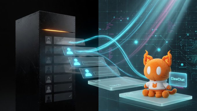 A digital illustration showing a server rack with user profile cards flowing through glowing data streams to an orange cat-like mascot character sitting on a floating platform labeled 'ClawChat'.