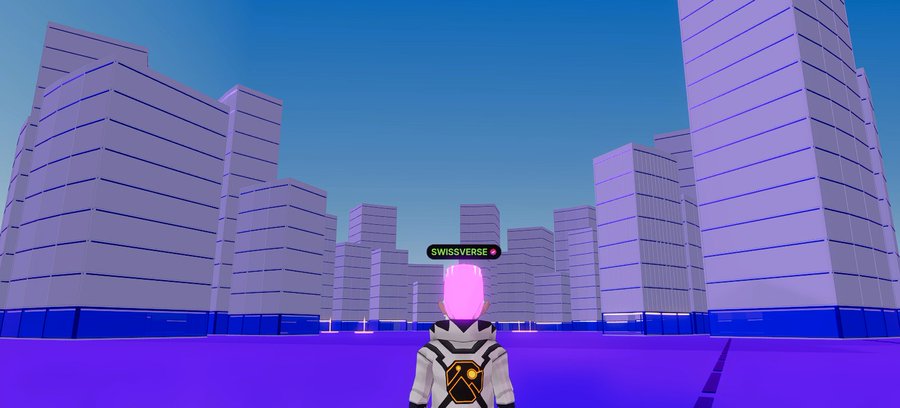 A 3D virtual avatar with pink hair and a white futuristic outfit stands in a stylized purple and blue cityscape with a 'SWISSVERSE' label above its head.