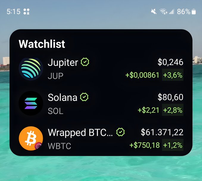 A crypto watchlist widget on a home screen showing Jupiter (JUP) at $0.246 (+3.6%), Solana (SOL) at $80.60 (+2.8%), and Wrapped BTC (WBTC) at $61,371.22 (+1.2%), all in positive green territory.