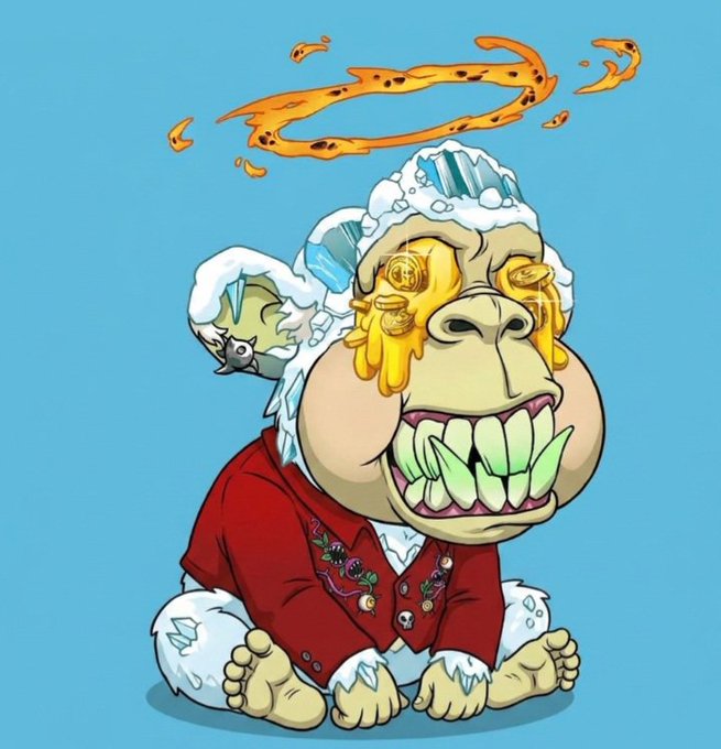 A cartoon illustration of a monkey-like character wearing an ice crown and red shirt with a gold halo above its head, featuring green dollar bills in its mouth.