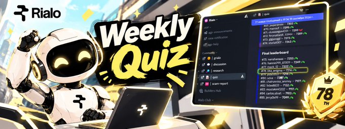 A promotional banner for Rialo's "Weekly Quiz" featuring a friendly robot mascot and a screenshot of the quiz leaderboard interface, where participants like "RialoMini" ranked 78th. The image ties to the post by showcasing the leaderboard from Friday's quiz about Latch, agent access, and credentials management.