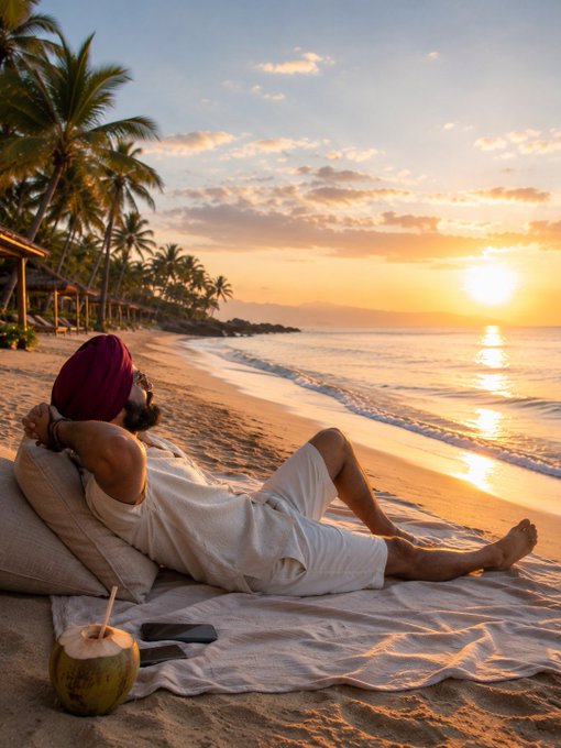 A bearded man in a red turban and white linen outfit relaxes on a beach blanket at sunset, with a coconut drink beside him, watching the sun set over the tropical ocean lined with palm trees.