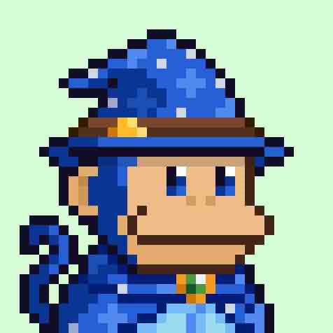 Pixel art of a character with tan skin, blue eyes, and a pointed blue wizard-style hat with a yellow buckle, set against a pale green background.