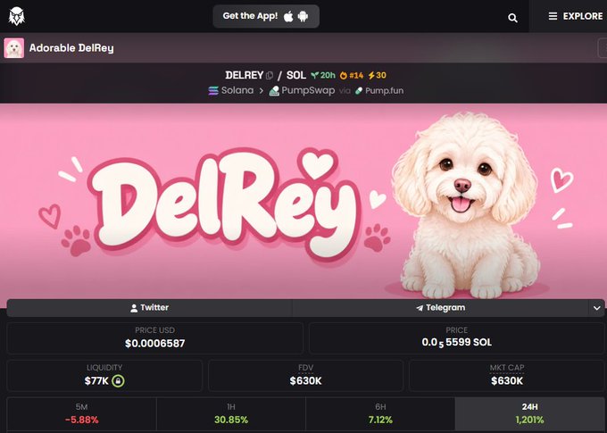 A screenshot of a cryptocurrency token page titled 'Adorable DelRey' on what appears to be a Solana meme coin platform. The page features a cute, fluffy white dog graphic with hearts and paws, and displays trading metrics including a price of $0.0006587 USD and a market cap of $630K.