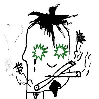 A crude black-and-white digital drawing of a figure with spiky hair, green star-shaped eyes, and a cigarette in its mouth, with Chinese characters on either side.