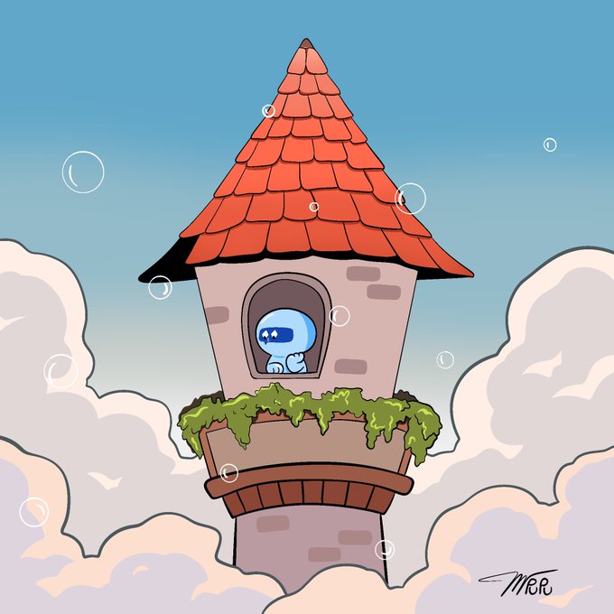 A cartoon illustration of a small blue character peeking out from a window of a stone tower with a red-tiled roof, surrounded by white clouds and bubbles.