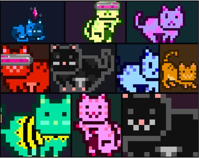 A pixel-art montage featuring Nyan cat, Nyan cat with sunglasses, a green Nyan cat, pink Nyan cat, a black cat, and orange Garfield in various styles.