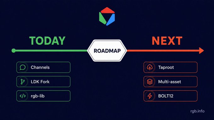 A roadmap graphic showing 'TODAY' features (Channels, LDK Fork, rgb-lib) and 'NEXT' features (Taproot, Multi-asset, BOLT12) with the URL 'rgb.info' in the corner.