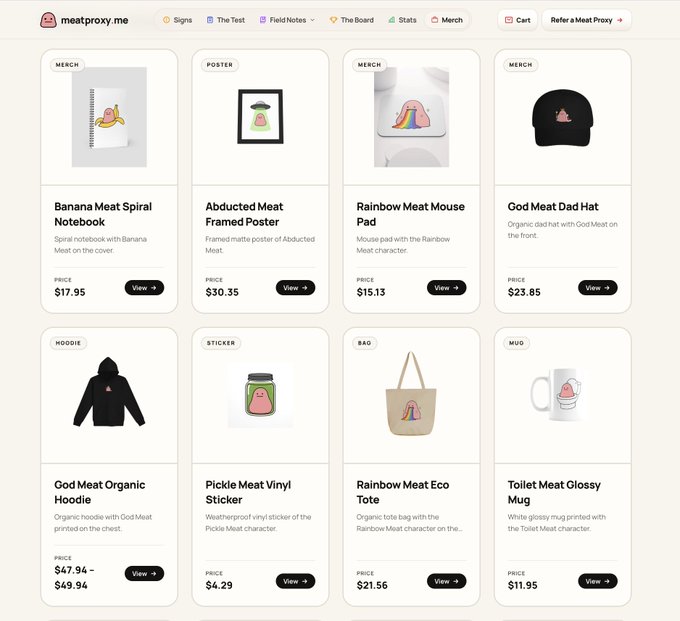 An online merchandise store called meatproxy.me displaying various products like notebooks, posters, mouse pads, hats, hoodies, stickers, bags, and mugs featuring quirky Meat character designs with prices ranging from $4.29 to $49.94.