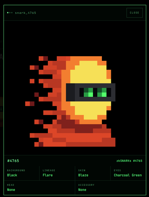 A digital NFT profile of 'snark_4765' displaying a pixelated orange flame character with green digital eyes on a black background, with metadata showing Lineage: Flare, Skin: Blaze.