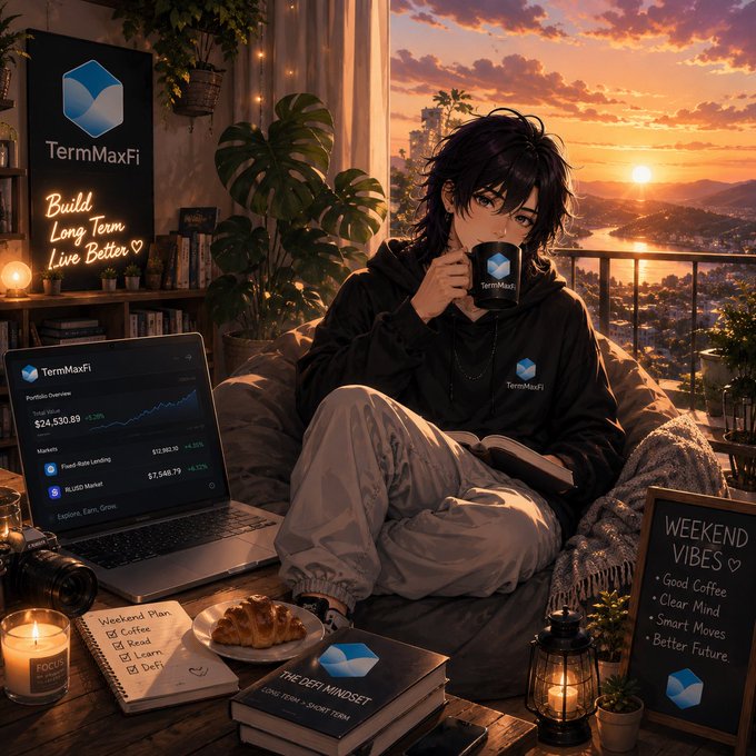 An anime-style illustration of a person holding a 'TermMaxFi' mug by a window at sunset, surrounded by brand imagery including a laptop showing '$24,530.89', a 'Weekend Vibes' checklist, and promotional books.