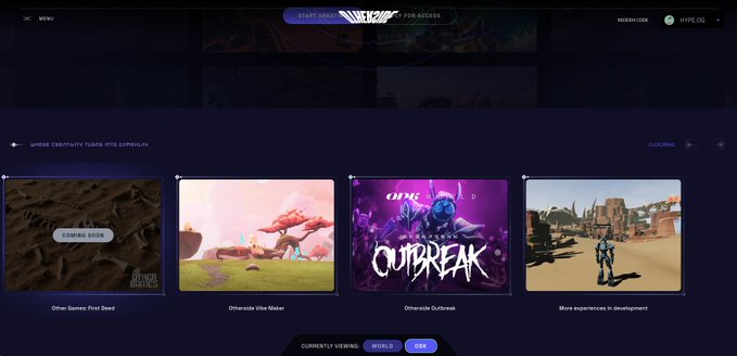 A dark-themed gaming website interface displaying four game cards: 'Other Games: First Seed,' 'Otherworld: Vibe Maker,' 'Otherworld: Outbreak,' and 'More experiences in development.'