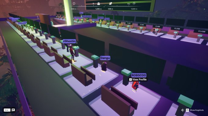 A video game scene showing a row of booths with player avatars labeled zGhostin, Dangu, and ROBSCOO, with a prompt to 'View Profile' and CLAIM signs visible.