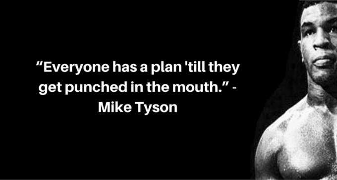 The image features a black-and-white photo of boxer Mike Tyson on the right, paired with his famous quote on the left: "Everyone has a plan 'till they get punched in the mouth." The post connects this quote to $TIBBIR unexpectedly breaking out after 9 months of consolidation—suggesting traders' carefully laid plans may have been "punched in the mouth" by the sudden price action.
