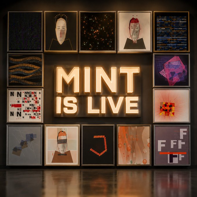 A glowing 'MINT IS LIVE' neon sign is displayed on a wall surrounded by framed artworks featuring abstract designs, faces, and the letters 'NN' and 'FF'.