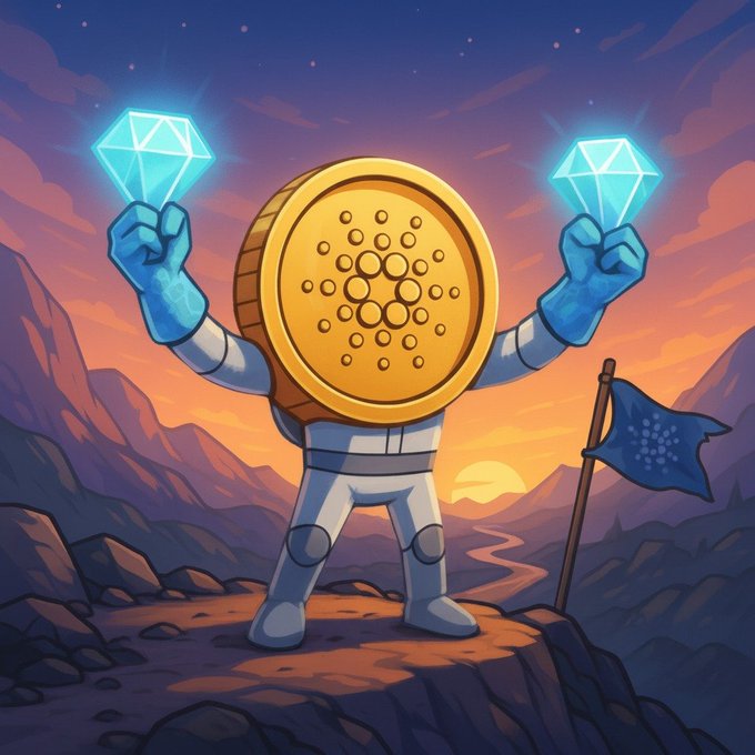 The image features a cartoon character dressed as an astronaut standing on a cliff overlooking a valley below. The character has two blue diamonds attached to their helmet, symbolizing the value of the cryptocurrency Cardano. The character is holding a golden coin in each hand, representing the currency's worth. The backdrop includes mountains and a sunset, creating a visually appealing scene that complements the theme of the post about Cardano.