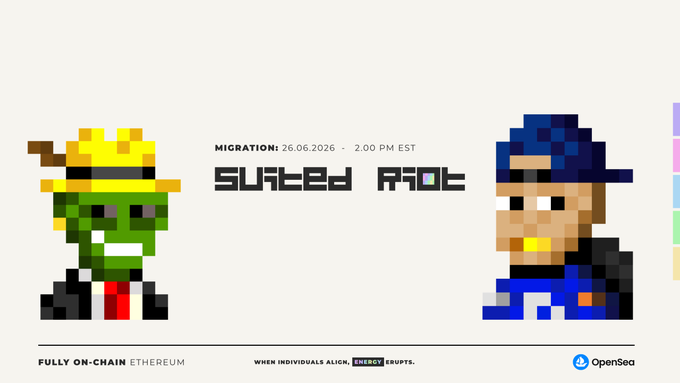 A pixel-art promotional banner announces a migration date of "26.06.2026 - 2.00 PM EST" for the "SUITED R0B0T" NFT collection on OpenSea, featuring a green-suited figure and a blue-suited figure flanking the "SUITED R0B0T" logo with the tagline "WHEN INDIVIDUALS ALIGN, ENERGY ERUPTS." The pixel-art characters and "MIGRATION" text visually reinforce the post's excitement about an incoming ETH-related event.