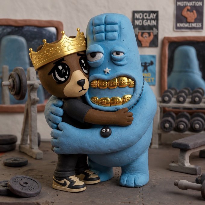 A whimsical clay sculpture depicts a brown bear wearing a gold crown hugging a blue Yeti-like creature with gold grills, set in a gym scene with weightlifting equipment and posters reading 'NO CLAY NO GAIN' and 'MOTIVATION KNOWLEDGE'.