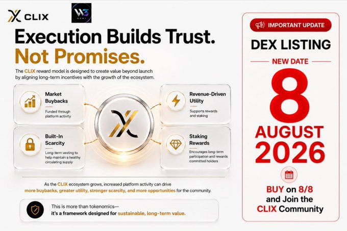 A promotional graphic for CLIX cryptocurrency with the headline 'Execution Builds Trust. Not Promises,' highlighting features like Market Buybacks and Staking Rewards, announcing a DEX Listing on August 8, 2026.