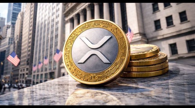 A close-up of a large physical coin displaying the XRP (Ripple) cryptocurrency logo, resting on a stack of similar coins with a city street and an American flag in the blurred background.