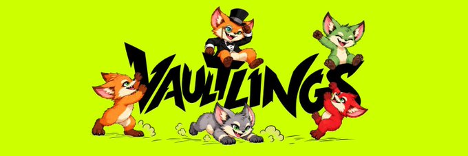 A bright lime-green promotional graphic shows five cartoon fox-like Vaultlings characters around the bold black word “VAULTLINGS.” It serves as the giveaway artwork for FREEMINT, promoting a 24-hour winner-pick post with 15 guaranteed spots and 50 first-come-first-served spots via @VaultlingsNFT.