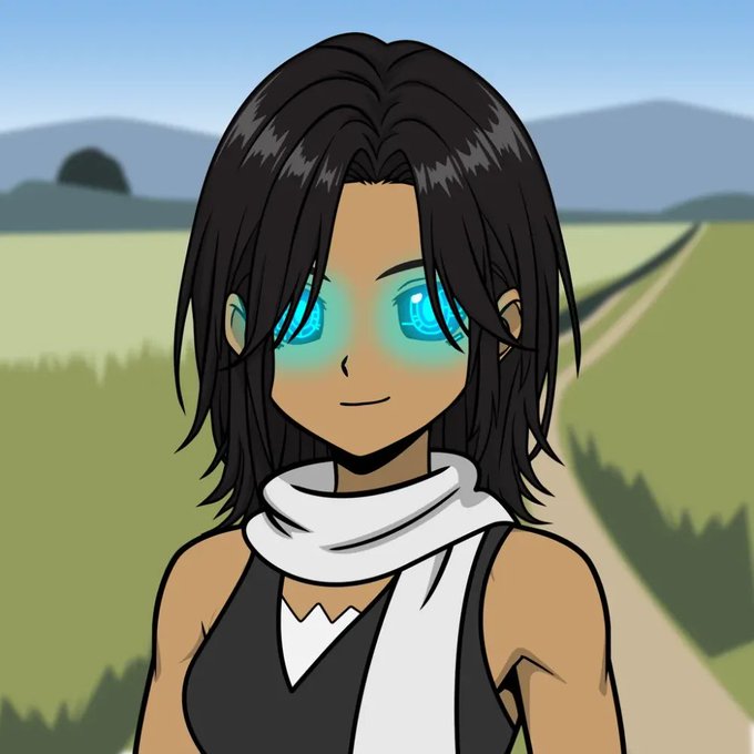 An anime-style illustration of a character with dark hair, wearing a white scarf and black top, standing in a grassy field with glowing blue eyes.