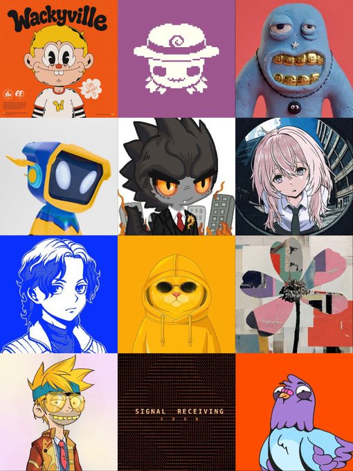 A 4x3 grid showcasing NFT project artwork including "Wackyville" (top left), alongside other collections from accounts like @hollows_nft, @kaijukaki, @boisxyz, and @Frag_Growth, with the bottom middle panel displaying the text "SIGNAL RECEIVING 1868" on a black background.