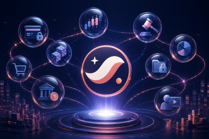 A futuristic digital graphic features a central glowing logo with a stylized "S" emblem, surrounded by interconnected translucent bubbles displaying icons representing payment cards, financial charts, legal gavel, pie charts, secured files, media players, banking, dice, and a shopping cart—visually symbolizing the diverse privacy-focused applications built on STRK20.