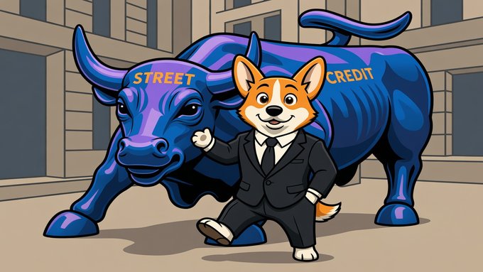 A cartoon illustration of a Corgi dog wearing a black business suit walking alongside a large blue bull statue labeled 'STREET' and 'CREDIT', referencing the Wall Street bull.