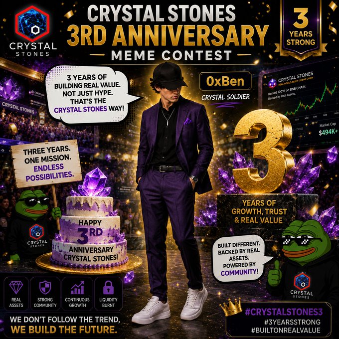 A promotional 3rd-anniversary meme poster for Crystal Stones featuring a well-dressed man ("OxBen" - Crystal Soldier) standing beside a purple anniversary cake, with a giant golden "3," Pepe the Frog mascots, and slogans like "3 Years Strong," "3 Years of Growth, Trust & Real Value," and hashtags #Crystalstones3, #3YearsStrong, and #BuiltOnRealValue, tying directly to the post's message of real assets, community, and three years of building value.