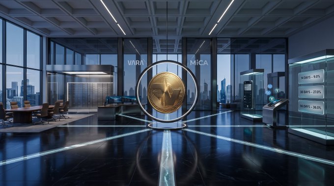 A sleek, futuristic office space showcases a large golden RIV coin suspended within a glowing circular frame, symbolizing the brand's global presence, with partial text "VARA" and "MiCA" visible on glass partitions—reinforcing the post's message of dual regulatory licensing in Dubai and Europe.