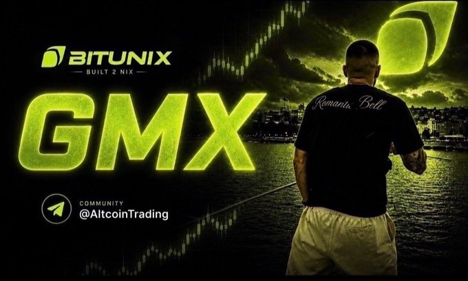 A promotional graphic for BITUNIX token (GMX) featuring a man standing on a pier looking out at a city skyline at night, with green 'GMX' text and the handle @AltcoinTrading.