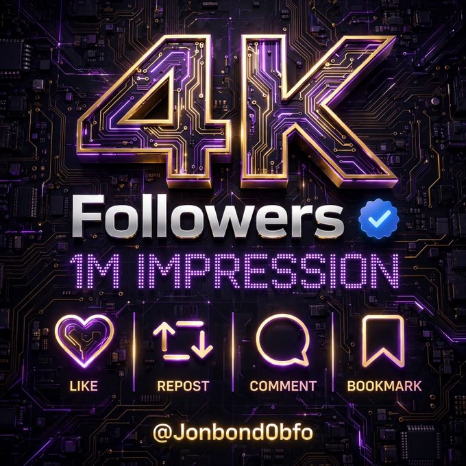 A neon-style social media graphic displaying '4K Followers ✓', '1M IMPRESSION', and social icons for Like, Repost, Comment, and Bookmark, with the handle '@JonbondObfo' at the bottom.