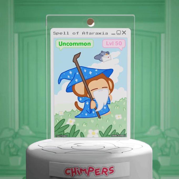 Chimpers NFT digital collectible card titled 'Spell of Ataraxia' (Uncommon, Lvl 50) depicting a wizard monkey with a staff, displayed in a green room.